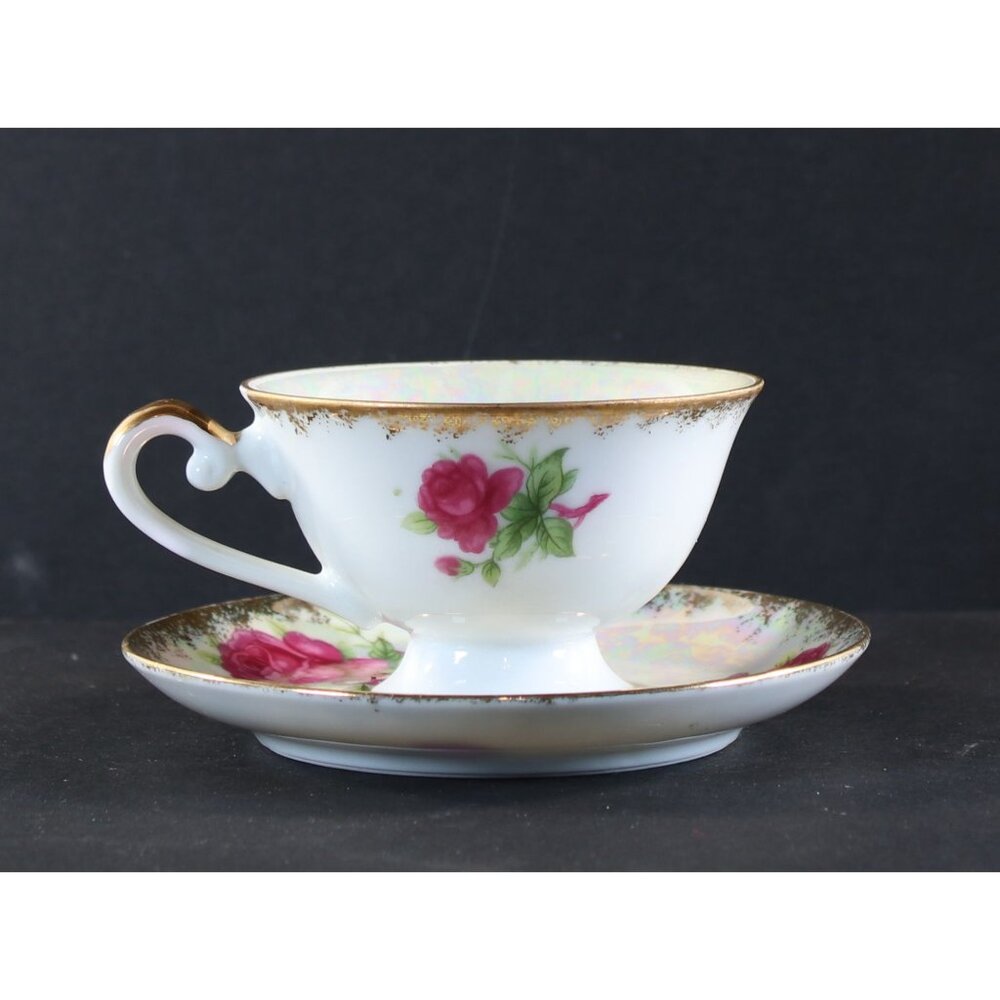 Tea Cup and Saucer Made in Japan with Pink Roses and Gold Trim 1950s